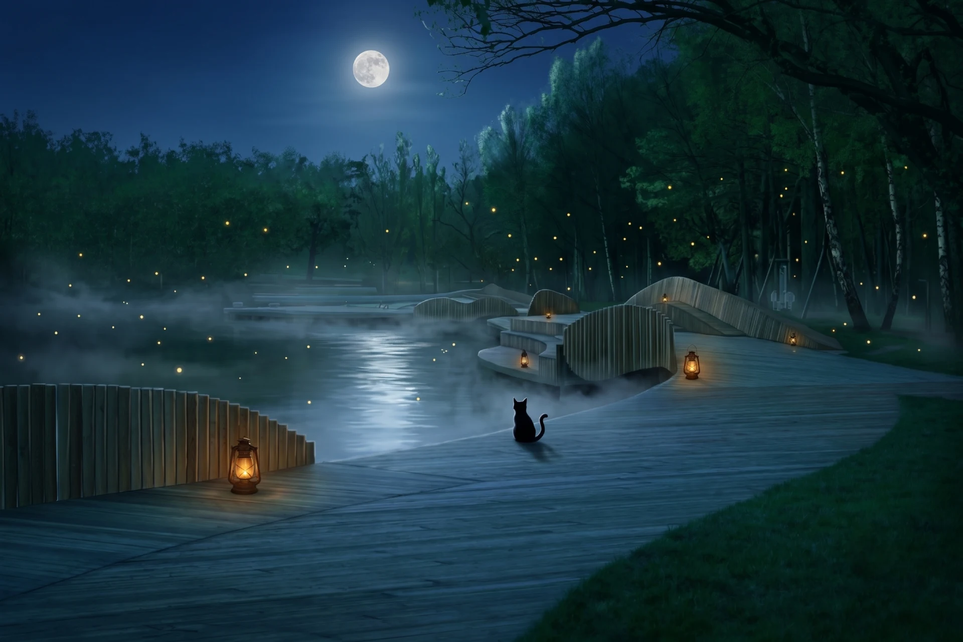 Promenada nad Jeziorem Paprocańskim nocą